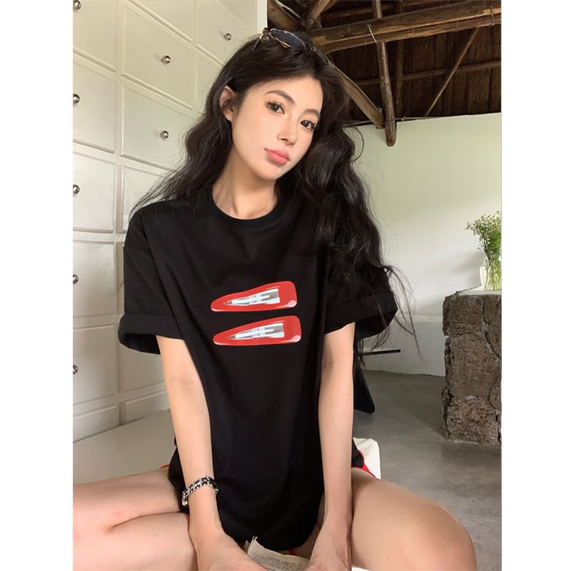 Oversized Round Print Short-Sleeve Neck T-Shirt