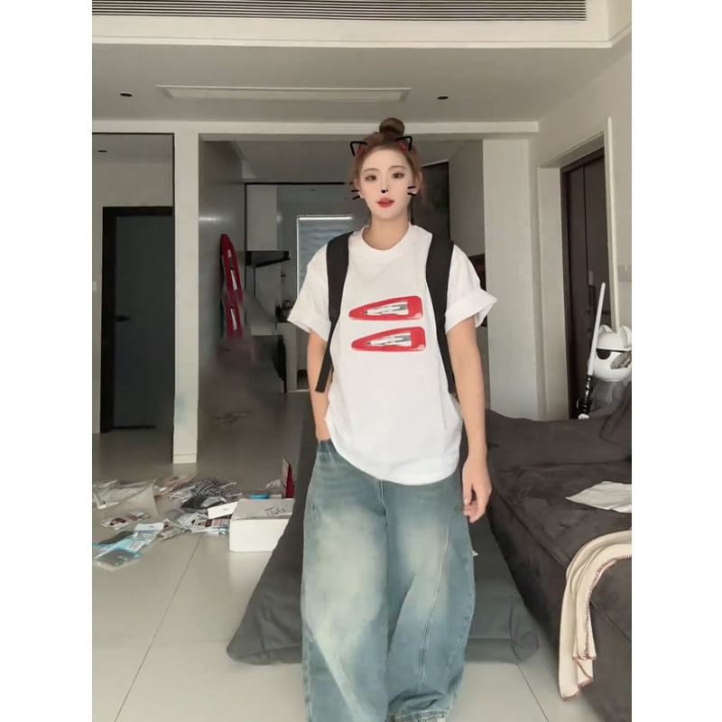 Oversized Round Print Short-Sleeve Neck T-Shirt