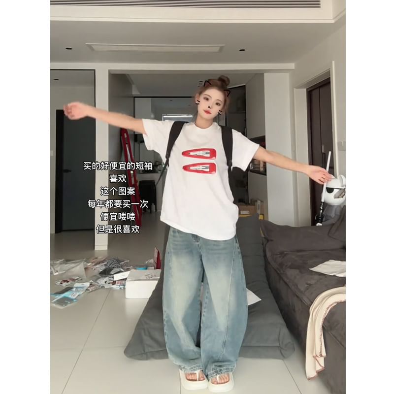 Oversized Round Print Short-Sleeve Neck T-Shirt