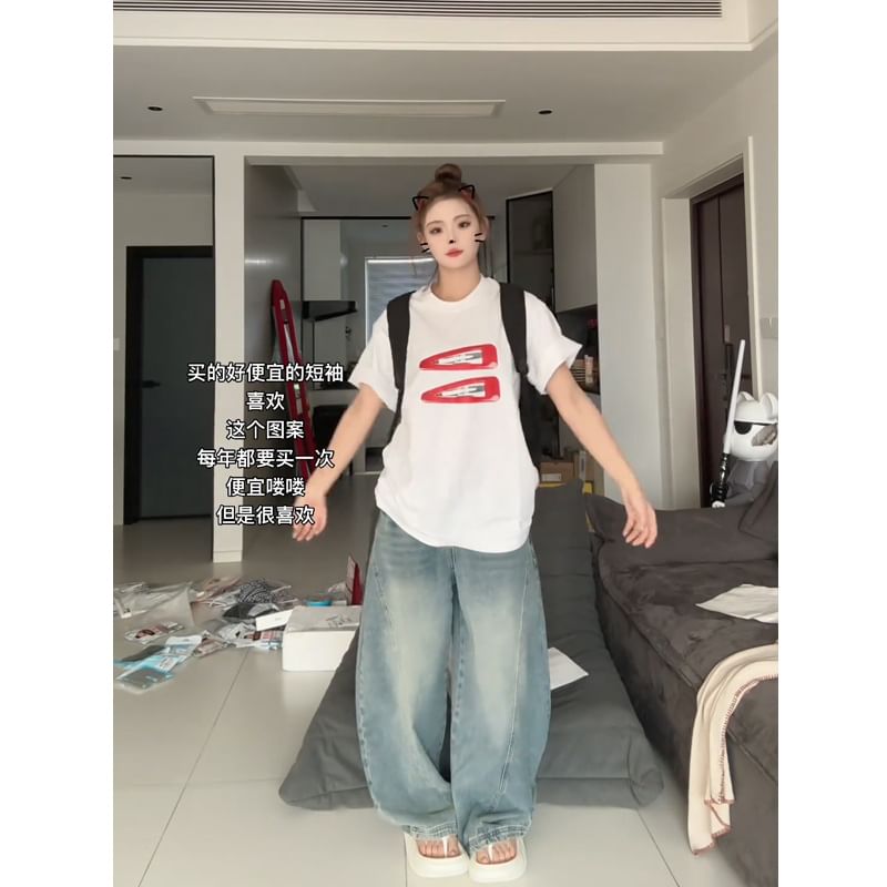 Oversized Round Print Short-Sleeve Neck T-Shirt