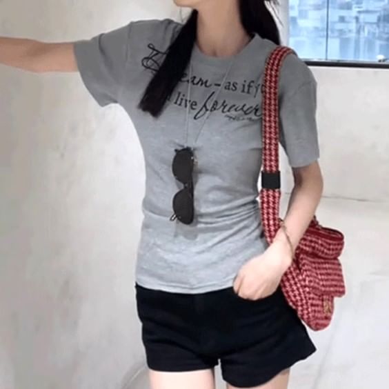 Lettering Neck Short-Sleeve Crew Slim Fit T-Shirt