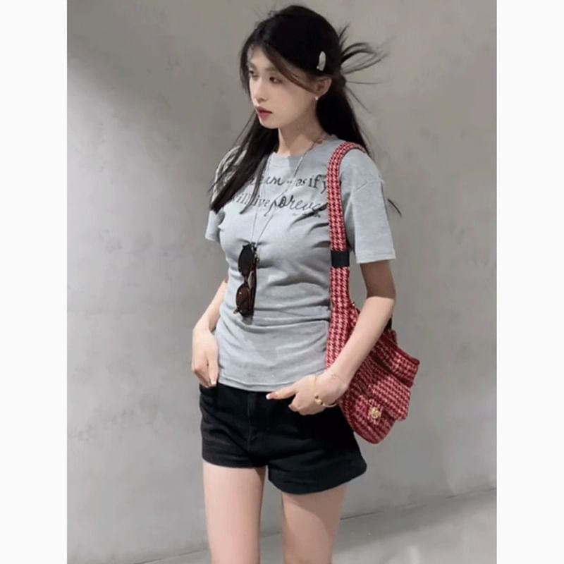 Lettering Neck Short-Sleeve Crew Slim Fit T-Shirt