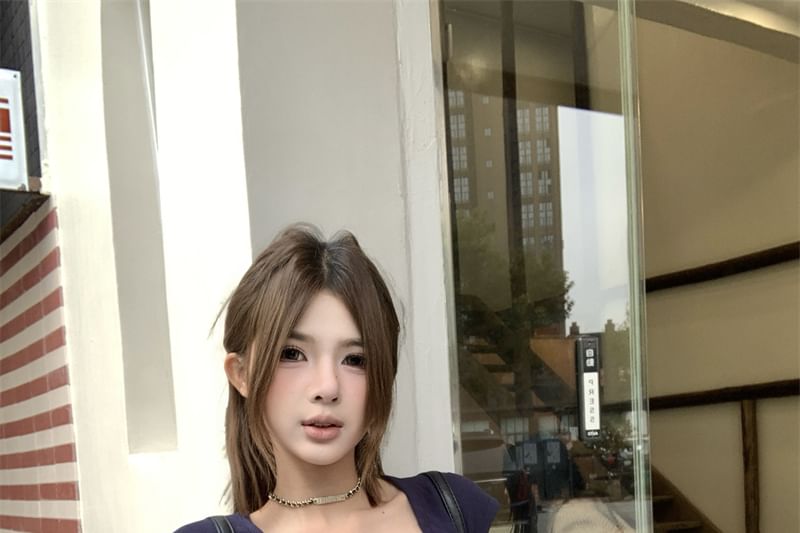 Fit Henley Plain Slim Short-Sleeve Crop T-Shirt