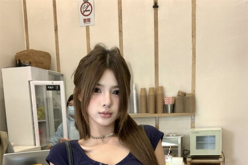 Fit Henley Plain Slim Short-Sleeve Crop T-Shirt