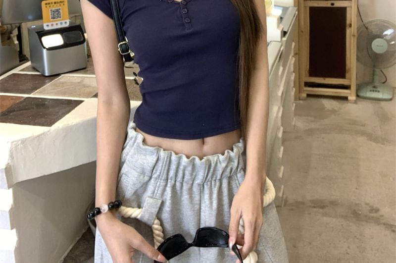 Fit Henley Plain Slim Short-Sleeve Crop T-Shirt