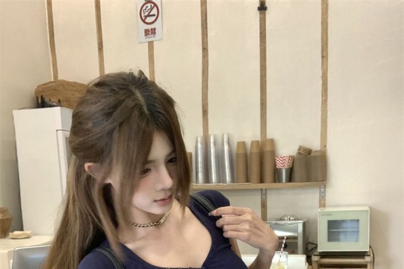 Fit Henley Plain Slim Short-Sleeve Crop T-Shirt