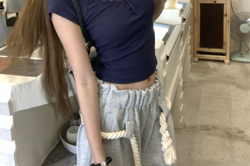 Fit Henley Plain Slim Short-Sleeve Crop T-Shirt