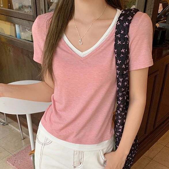 Contrast Two-Piece Short-Sleeve Trim Mock Tee V-Neck