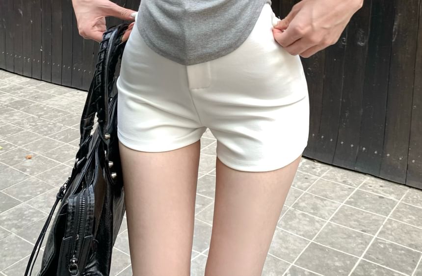 Trim Shorts Fit Waist V-Neck Tee Mock Plain / Short-Sleeve Slim High Lace Two-Piece