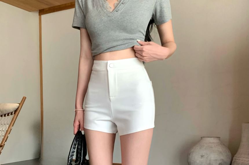 Trim Shorts Fit Waist V-Neck Tee Mock Plain / Short-Sleeve Slim High Lace Two-Piece