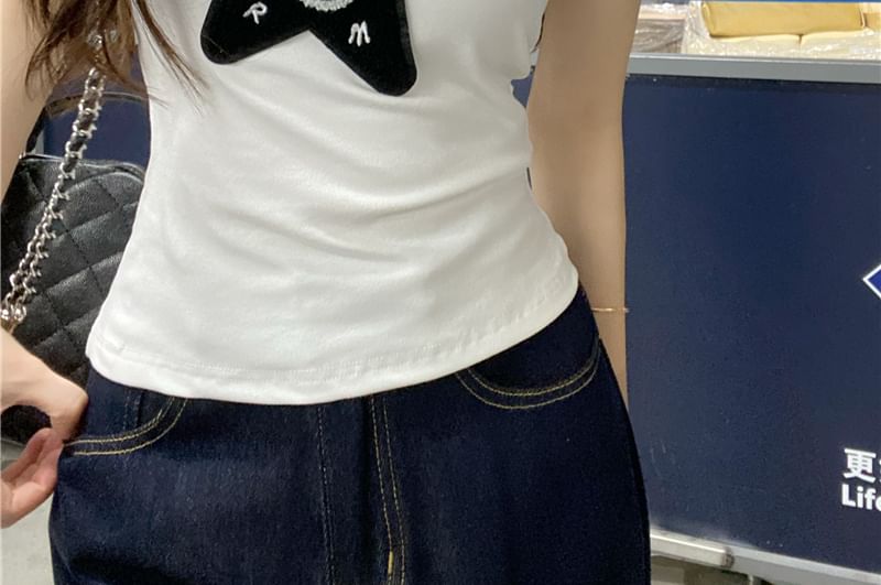Slim Star Tank Applique Fit Top One-Shoulder
