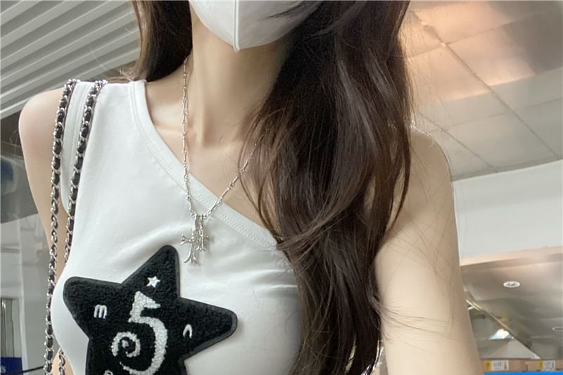 Slim Star Tank Applique Fit Top One-Shoulder