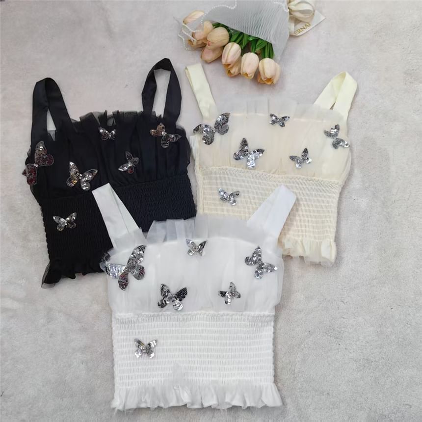 Top Fit Panel Tank Crop Butterfly Sequin Slim Padded Mesh