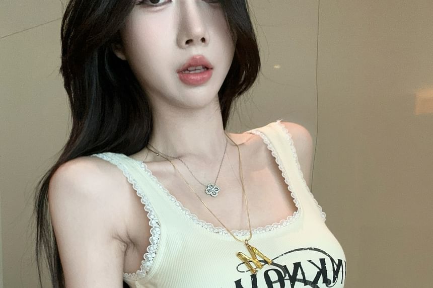 Square Lace Top Trim Tank Lettering Neck Fit Slim Crop