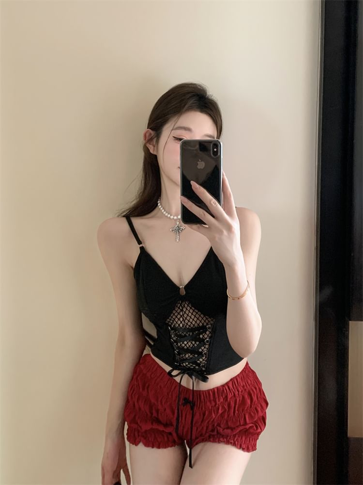 Fit Crop Camisole Top Slim Plain Mesh Panel Lace-Up