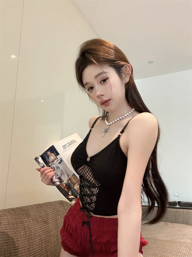Fit Crop Camisole Top Slim Plain Mesh Panel Lace-Up
