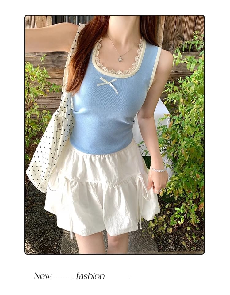 Top Fit Tank Square Bow Slim Neck Lace Trim