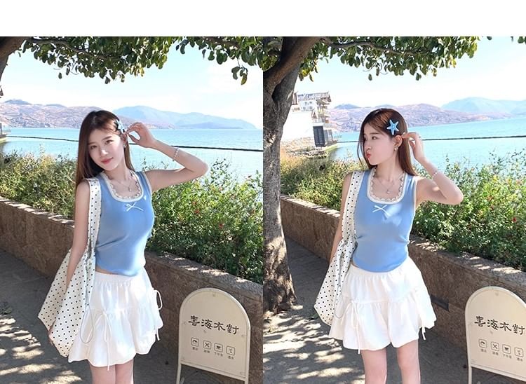 Lace Top Bow Trim Slim Fit Neck Square Tank