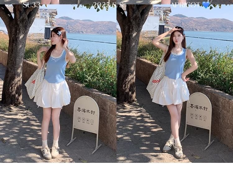 Lace Top Bow Trim Slim Fit Neck Square Tank