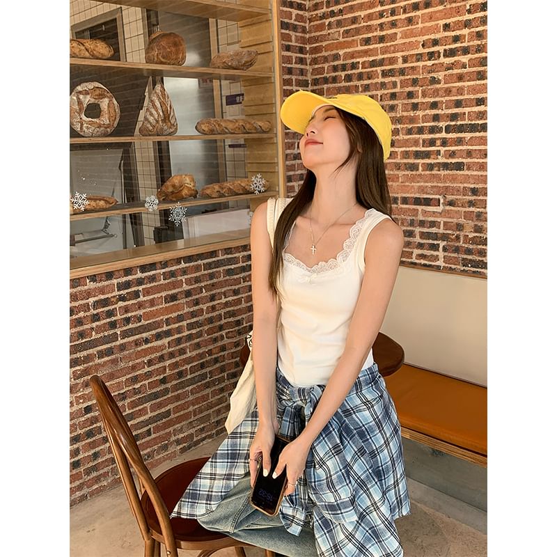 Trim Square Neck Lace Slim Bow Fit Plain Top Tank