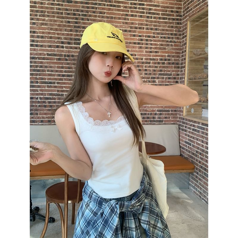 Trim Square Neck Lace Slim Bow Fit Plain Top Tank