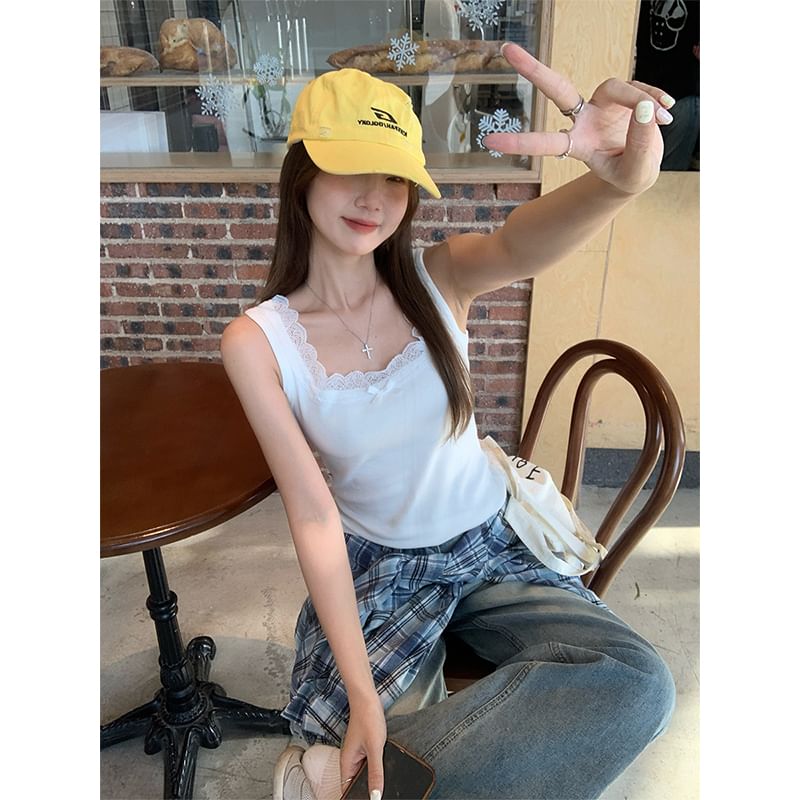 Trim Square Neck Lace Slim Bow Fit Plain Top Tank