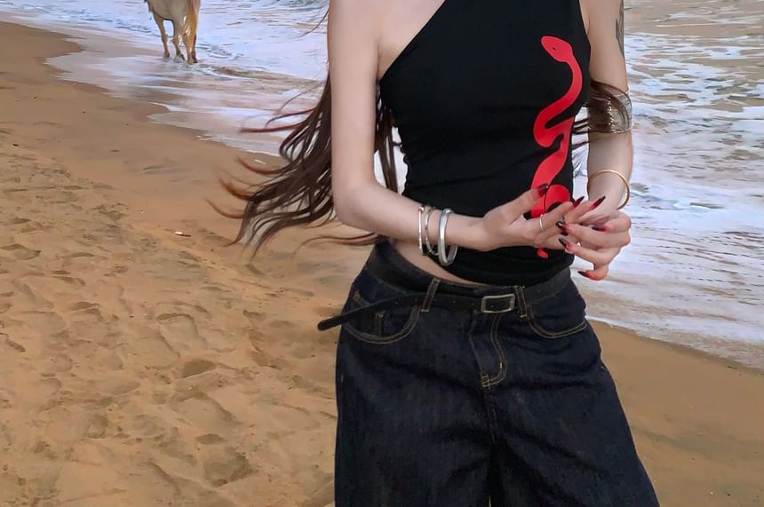 Print One-Shoulder Fit Slim Halter Top Snake Tank