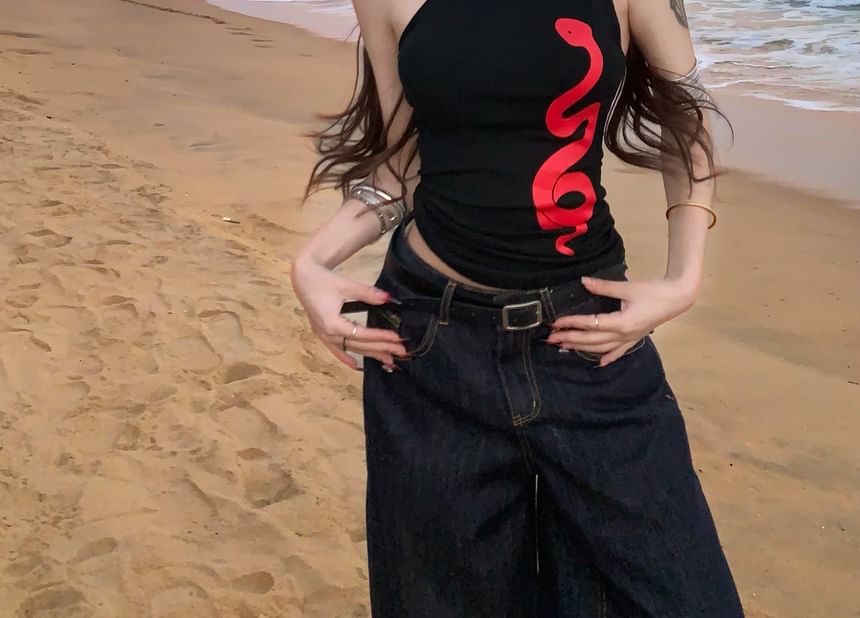 Print One-Shoulder Fit Slim Halter Top Snake Tank