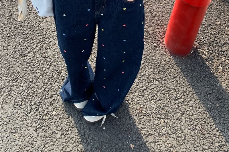 Embroidered Leg Waist Jeans Wide High Floral
