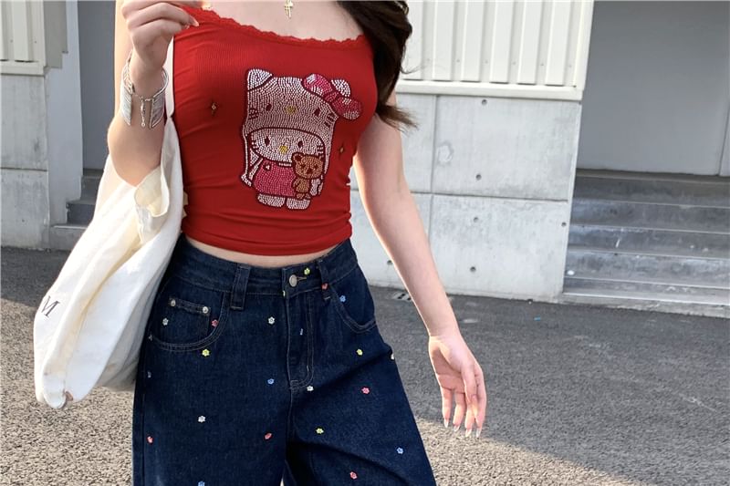 Embroidered Leg Waist Jeans Wide High Floral