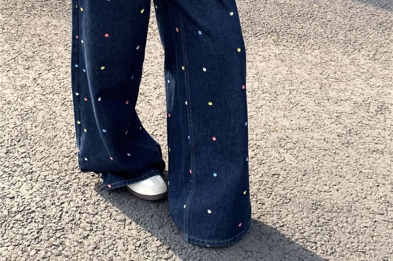 Embroidered Leg Waist Jeans Wide High Floral