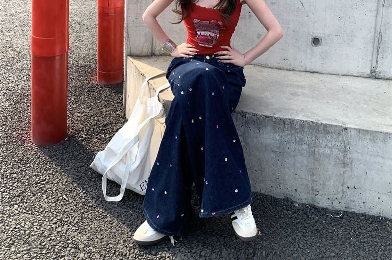 Embroidered Leg Waist Jeans Wide High Floral