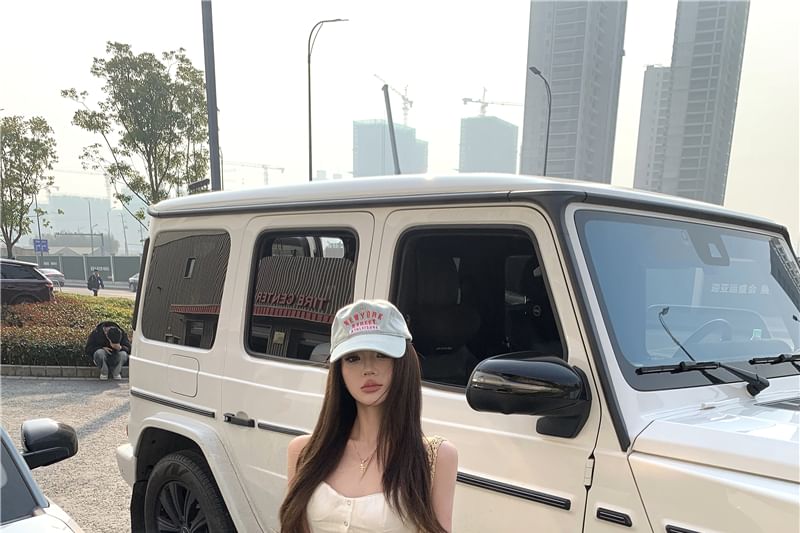 Camisole / Lace Jeans Crop Top Washed Rise Panel Trim Wide Low Button-Up Leg Cargo