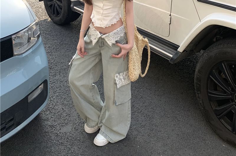 Camisole / Lace Jeans Crop Top Washed Rise Panel Trim Wide Low Button-Up Leg Cargo