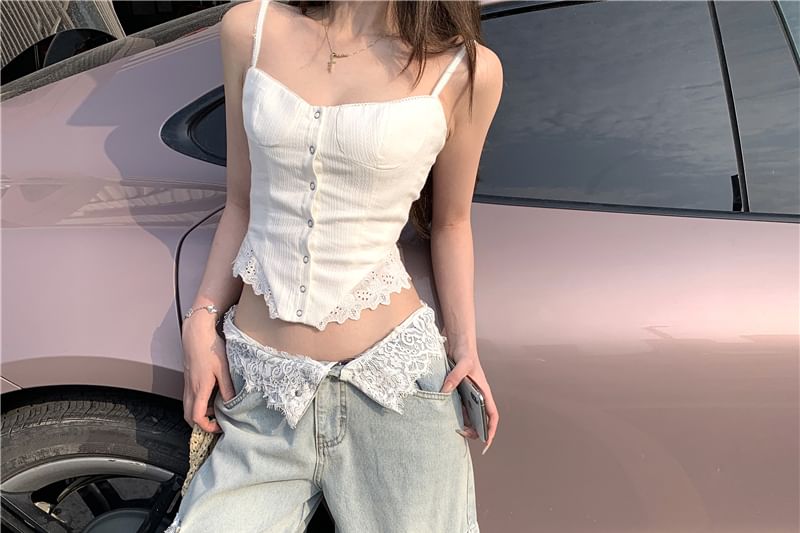 Camisole / Lace Jeans Crop Top Washed Rise Panel Trim Wide Low Button-Up Leg Cargo