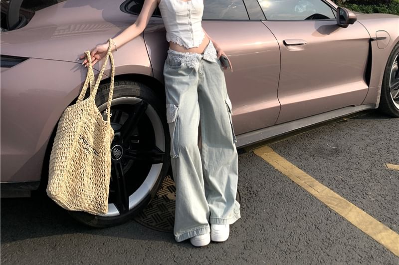 Camisole / Lace Jeans Crop Top Washed Rise Panel Trim Wide Low Button-Up Leg Cargo