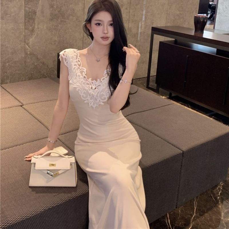 Lace Dress Maxi Panel V-Neck Mermaid Sleeveless