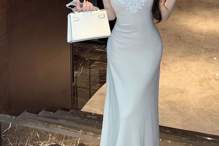 Lace Dress Maxi Panel V-Neck Mermaid Sleeveless