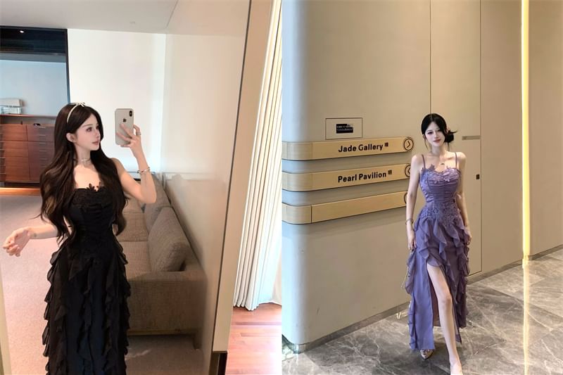 Dress Ruffle Strap Slit Plain Maxi Spaghetti Ruched Panel A-Line Lace