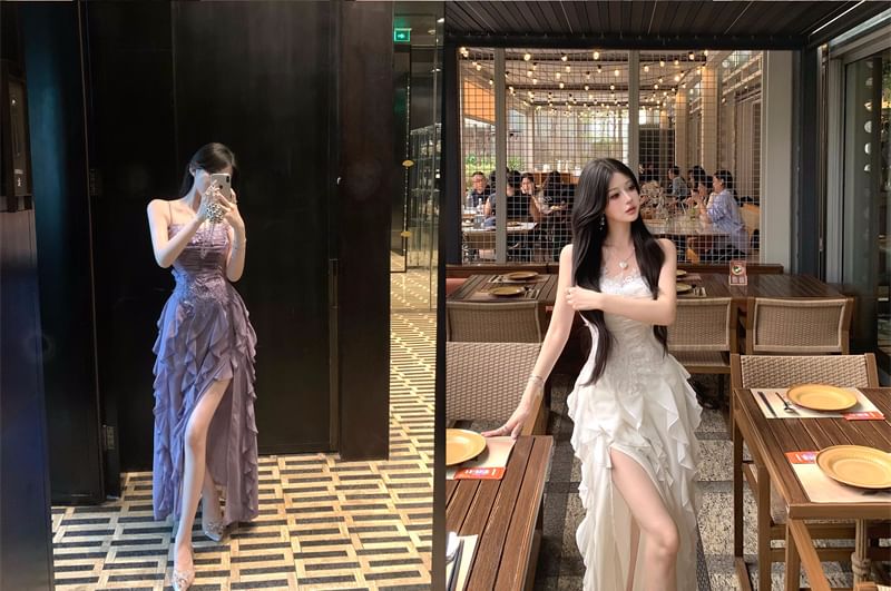 Dress Ruffle Strap Slit Plain Maxi Spaghetti Ruched Panel A-Line Lace