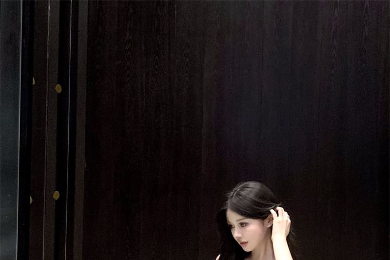 Dress Ruffle Strap Slit Plain Maxi Spaghetti Ruched Panel A-Line Lace