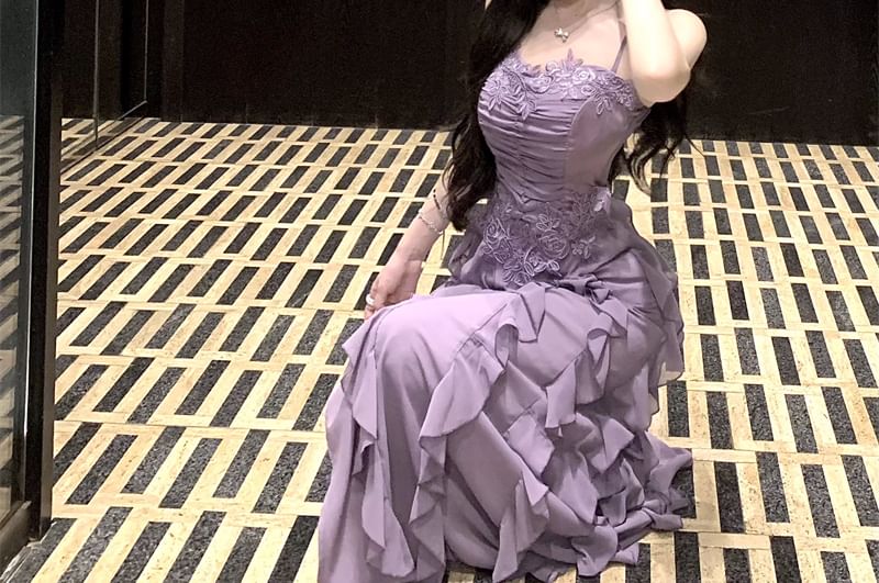 Dress Ruffle Strap Slit Plain Maxi Spaghetti Ruched Panel A-Line Lace