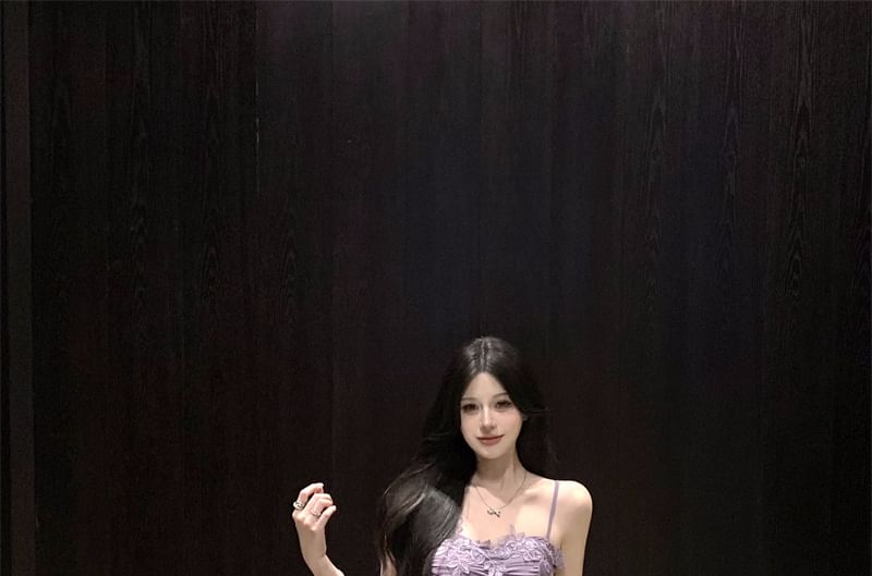 Dress Ruffle Strap Slit Plain Maxi Spaghetti Ruched Panel A-Line Lace