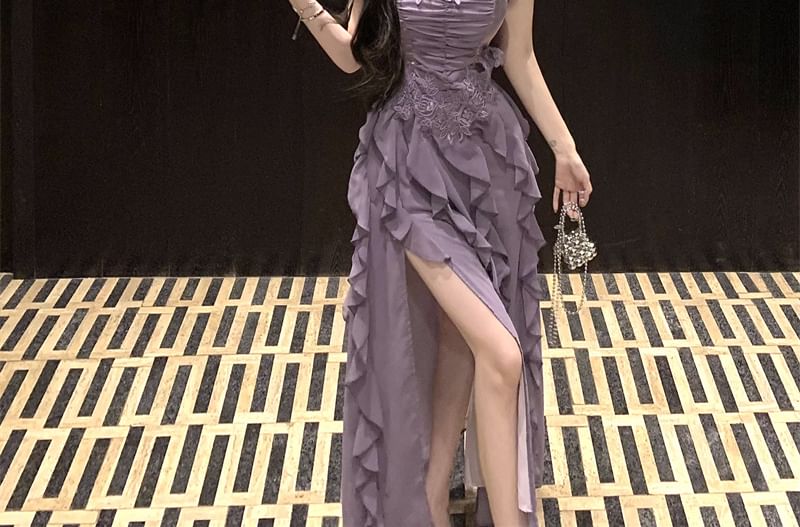 Dress Ruffle Strap Slit Plain Maxi Spaghetti Ruched Panel A-Line Lace