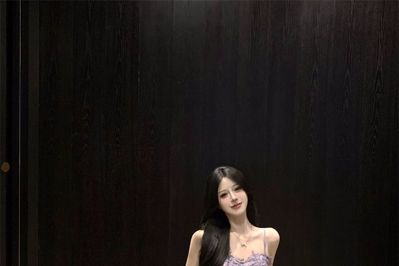 Dress Ruffle Strap Slit Plain Maxi Spaghetti Ruched Panel A-Line Lace