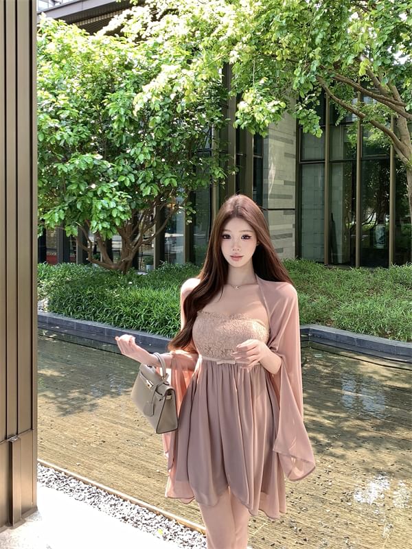 Mini Plain Panel / Dress Accent Lace A-Line Shawl Strapless Bow