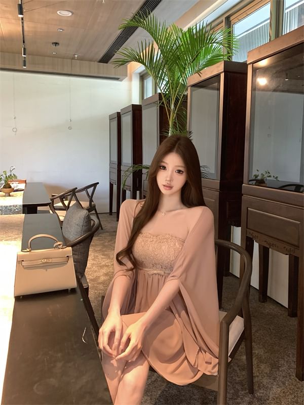 Mini Plain Panel / Dress Accent Lace A-Line Shawl Strapless Bow