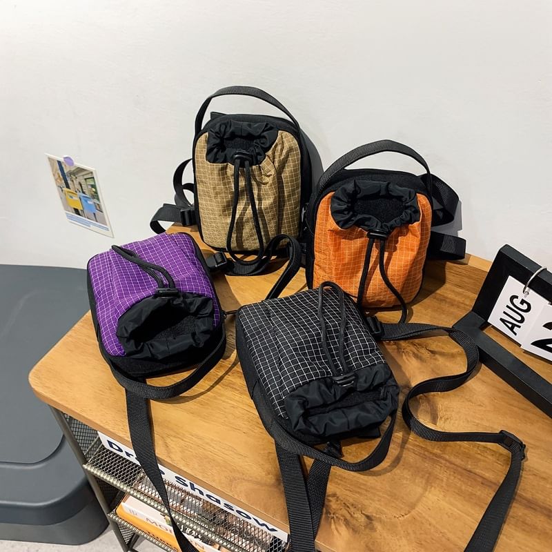 Plaid Crossbody Mobile Nylon Phone Drawstring Bag