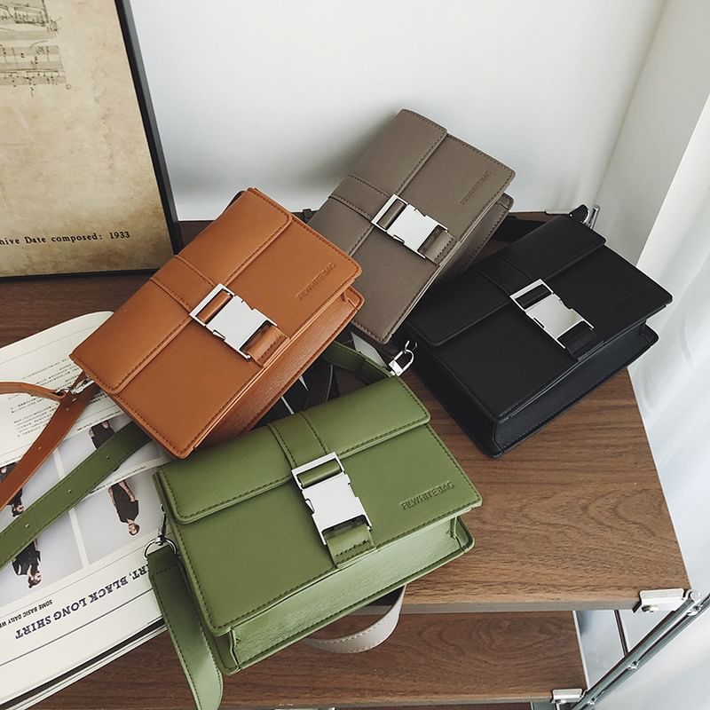 Plain Buckled Crossbody Leather Bag Faux Flap