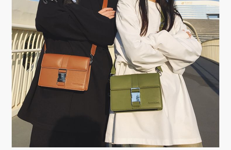 Plain Buckled Crossbody Leather Bag Faux Flap